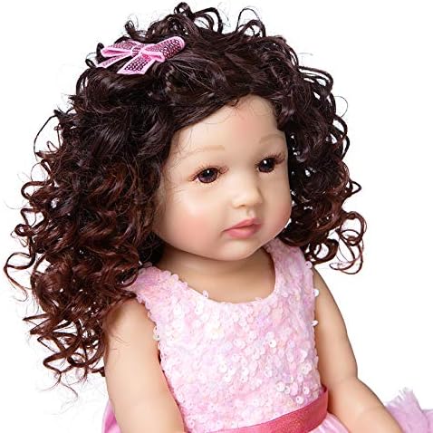 Lifelike Reborn Baby Doll 22 inch Realistic Reborn Baby Toddler Dolls Washable Baby Dolls Brown Hair with Pink Princess Dress Accessories Birthday Xmas Gift Sets for Kids