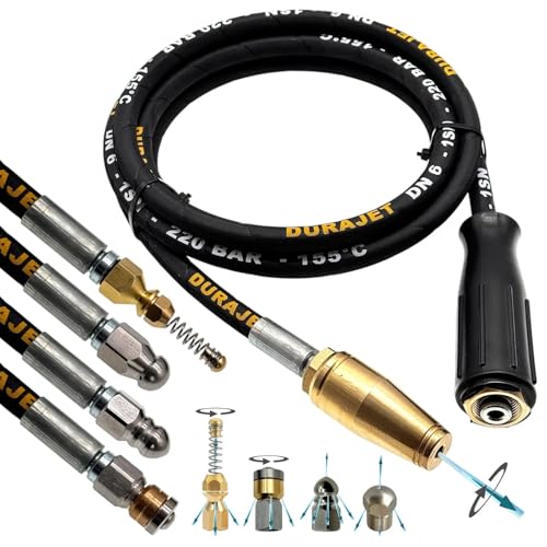 Manguera de limpieza de tuberías para Kärcher Kränzle HD HDS | Conector M22 x 1,5 IG + juego de 5 boquillas | 220 bar 150 °C | DN6 manguera de alta presión DURAJET para inodoro sifón desagüe línea de