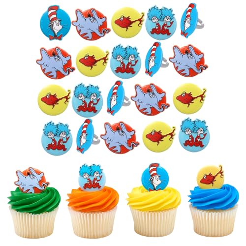 DecoPac Dr. Seuss Cupcake Rings, 24 Cupcake Decorations Featuring Horton, The Cat In The Hat, Things, Red Fish, For Birthday, Party, Celebrations - 24 Pack