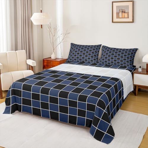 Image of Erosebridal Navy Blue Checkered Bedding Set Full Black and Blue Buffalo Plaid Bed Sheets Geometric Gingham Sheet Set Kids Boys Girls,Modern Grids Fitted Top Sheets 4 Piece
