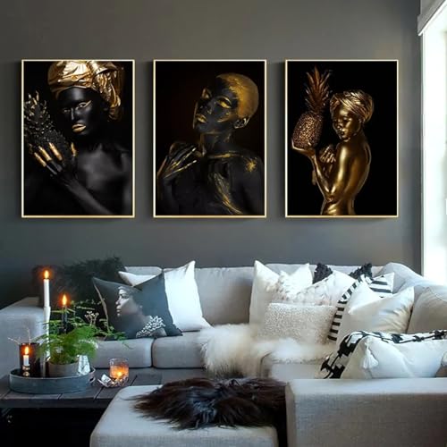 Peinture sur toile femme africaine à l'ananas doré 70x100 cm pour décoration murale