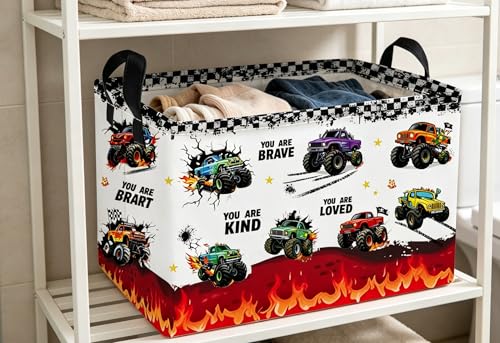 Image of Essme Rectangular Car Baskets,Monster Truck Storage Box,Cute Basket with Handles for Room Decor, Book Bins,Shelf Basket.(Flame truck)