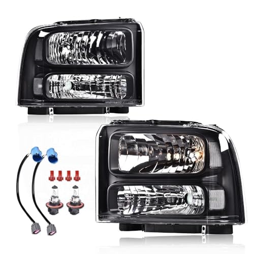 G-PLUS Headlights Assembly Fit 1999-2004 Ford F250 F350 F450 F550 Super Duty/2000-2004 Ford Excursion Headlamps Clear lens Black Housing Clear Reflector 1C3Z13008BA 2C3Z13008AB Driver & Passenger Side