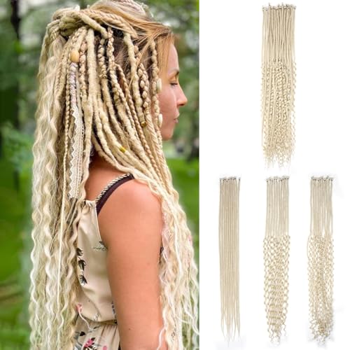 Quisduis 30 Inch 30 Strands SE Dreadlock Extensions,3 In 1 Mixed Synthetic Dreads Extensions,613 Blonde Curly&Straight&Boho Single Ended Dreads Extensions Hippie Style Dreadlock for Women…