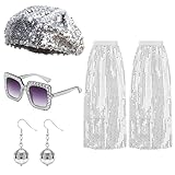 yolzhxe 4 Pièces Deguisement Disco Femme, Rétro Accessoires Disco des Années 70 et 80, Paillette Boucles d'oreilles Boules de Disco, Lunettes, Jambières, Bérets, pour Carnaval, Costume, Fête