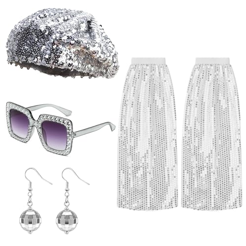 yolzhxe 4 Pièces Deguisement Disco Femme, Rétro Accessoires Disco des Années 70 et 80, Paillette Boucles d'oreilles Boules de Disco, Lunettes, Jambières, Bérets,...