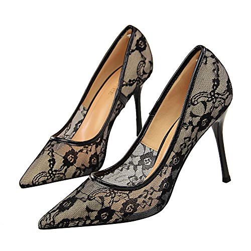 Hee grand Sexy Lace Stiletto Women's Pointed Toe Heels Pump Embroidery Bride Wedding Party Dress Shoes,Black 7