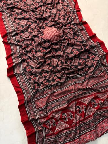 Image of SATIKA VASTRAM Modal Silk Ajrakh Saree Bandhani Design Crepe Printed Designer Pallu Attach Blouse Piece