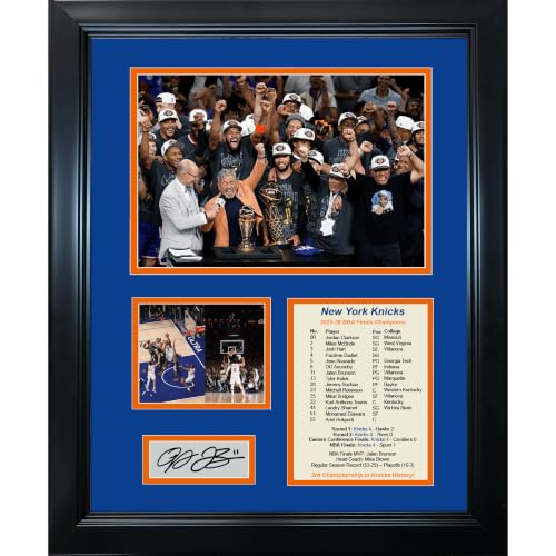 Framed New York Knicks 2025-2026 NBA Finals Champions Jalen Brunson MVP Most Valuable Player Facsimile Laser Engraved Signature Auto Basketball 11x14 Photo Sig Collage