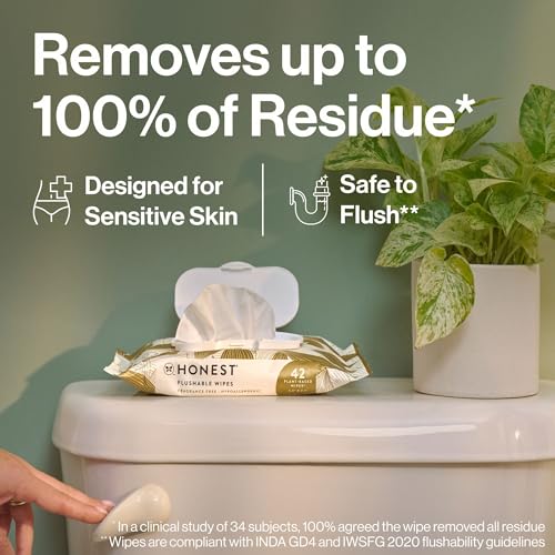 Image of The Honest Company Flushable Wipes for Sensitive Skin, Hypoallergenic, Fragrance-Free, Gilded Wings Design, 126 Count (Pack of 3)