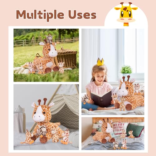 MorisMos 55cm lang riesen Giraffe Kuscheltier groß, Giraffe Stofftier XXL mit 4 Plüschbaby im Bauch, liegend Plüsch Hirsch Rehteddy,Geschenk Kinder Mädchen Jungen