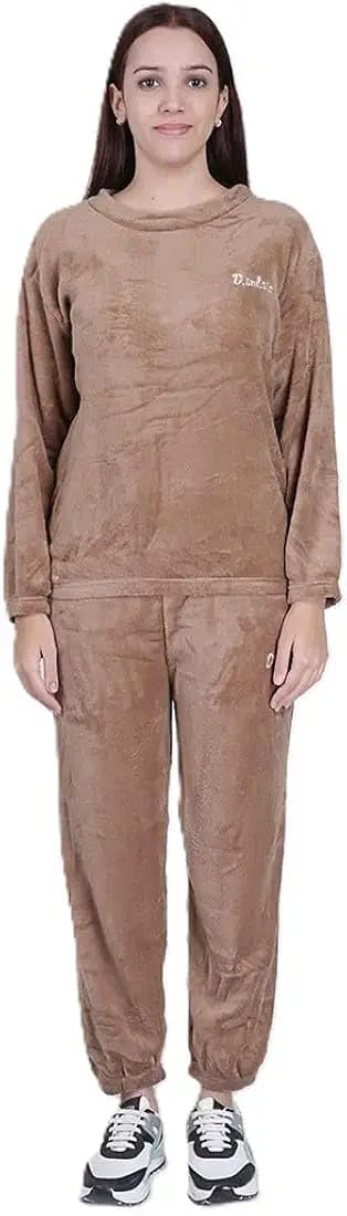 Women's Plush Fleece Loungewear Set, Cozy Brown Two-Piece Tracksuit with Long Sleeves, Elastic Waist Pants-image-41