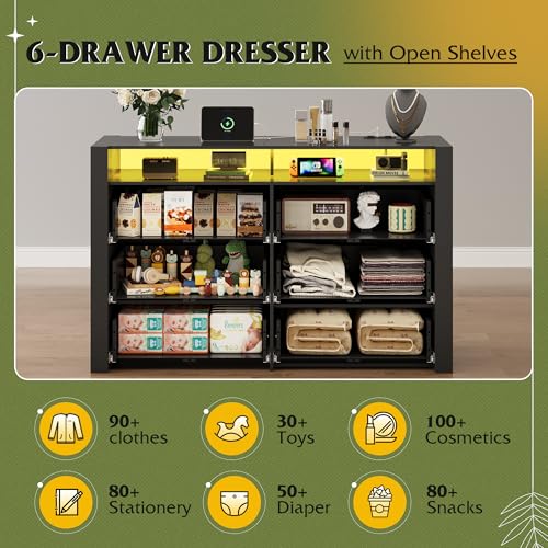 WLIVE 6 Drawer Led Dresser for Bedroom, 50.79'' Black Wood Dresser Storage Organizer with Power Outlets for 55'' TV, Dressers with Open Shelves, Hanging Rack, Chest of Drawers for Closet, Living Room
