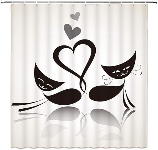 Amazon Amxxy 猫の恋人シャワーカーテン猫のシルエットカップル動物心のシンプルさバレンタインデーのイラストバスルームの家の装飾フック付き速乾性 ブラックホワイト シャワーカーテン ホーム キッチン オンライン通販