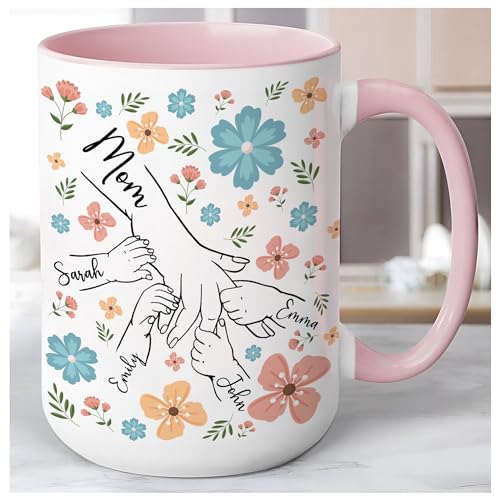 Personalized Mom Mug Holding Kid's Hands and Names Custom, 11oz 15oz Customized Coffee Mug for Mothers Day, Nana Gigi Mimi Mama Grandma Mom Gifts with Kids Names