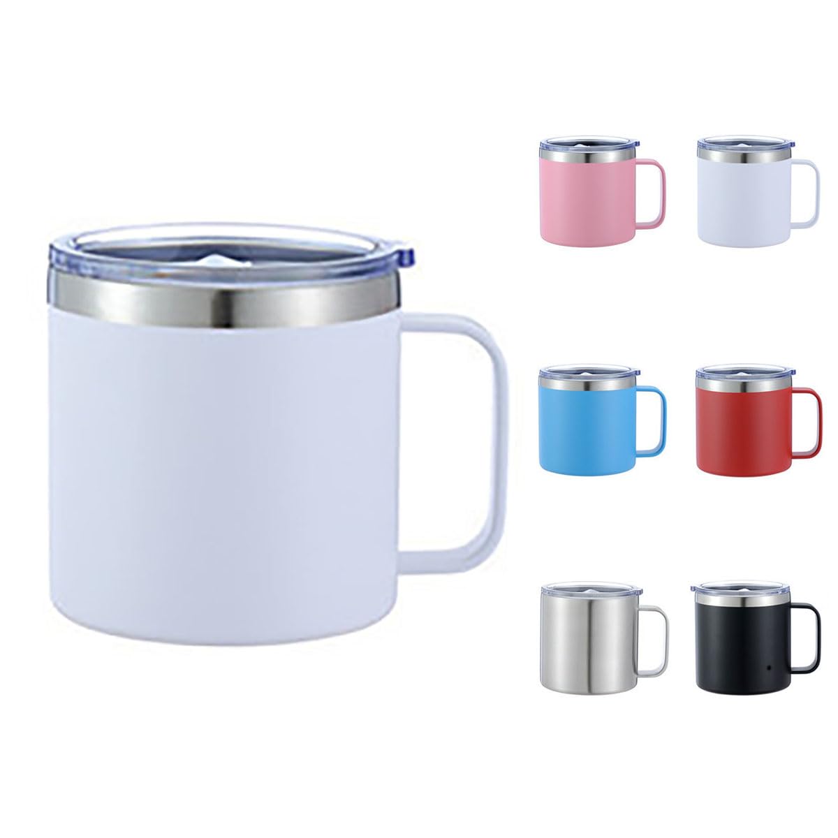 Maideduo Thermal Mug, Insulated Coffee Mug with Handle and Lid, Insulated Camping Mug, Double Walled Stainless Steel Beer Mug, Spill Proof, Reusable(12oz White)