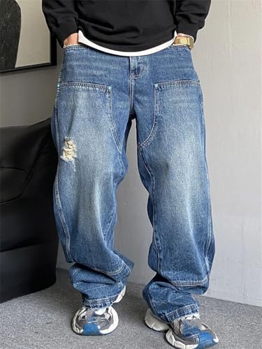 Men’S Trendy Hip Hop Baggy Ripped Skateboard Denim Pants Slim Fit Full Length Button Fly Distressed Casual Trousers3