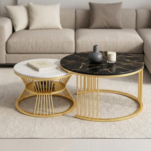 Image of Coffee Table, 20 inch Round Coffee Table Set of 2, Wooden Nesting Table with Metal Frame, Center Tables for Living Room Bedroom Balcony Bedside Table Black