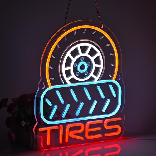 Image of Tires Neon Sign,USB Powered Dimmable Wall Decor LED Light | Neon Lights Hanging Wall Art Decor for tire Shop Auto Supplies Car Service Repair Garage Workshop,Ultra Bright, 15.35*12.6in