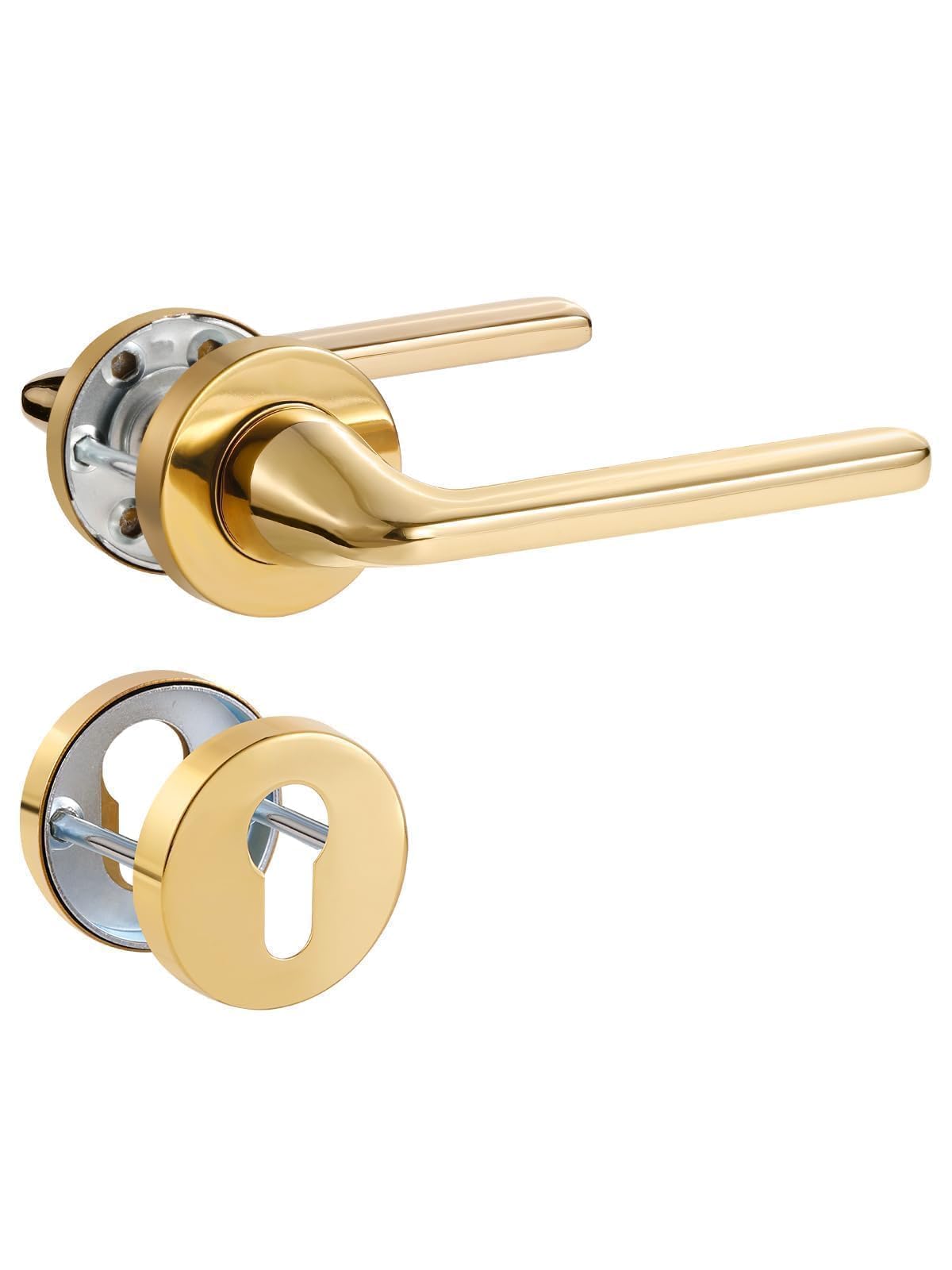SORWDUERM Gold Door Handle Set, Matte Brushed Stainless Steel, L Shape Round Rosette PZ Profile Cylinder for Front & Interior Doors