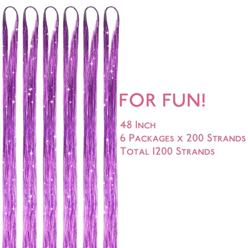 Image of WENNALIFE Hair Tinsel for Girls, Light Purple Fairy Hair Tinsel Kit 1200 Strands 6PCS 48 Inch Heat Resistant Glitter Hair Extensions Kit Christmas Feathers Sparkle Strands Tinsel Party Festival