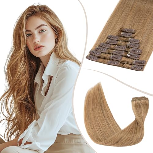 TESS Clip in Hair Extensions Real Human Hair Blonde Remy Seamless 8 Pieces Straight for Women/Girls (#27 Dark Blonde, 14 Inch 60g)