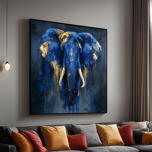 Toile animalière éléphant bleu peinture abstraite aux accents dorés salon chic