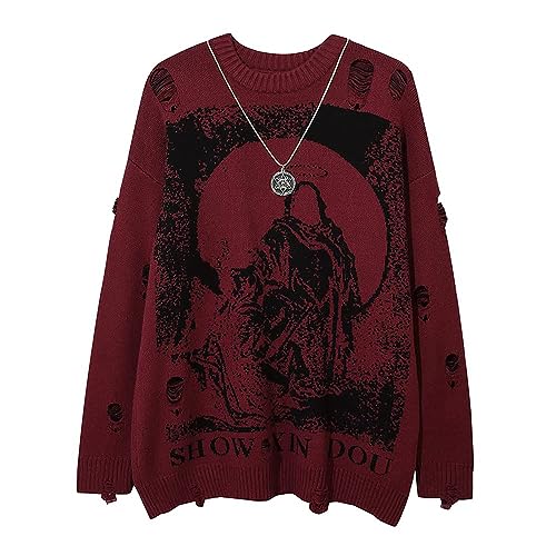 Mens Long Sleeve Printed Cable Knit Sweaters Casual Oversized Crewneck Sweater Pullover