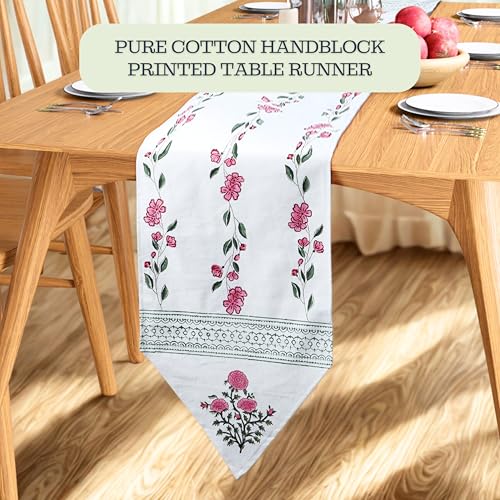 Image of Table Runner 100% Cotton Linen - Valentine's & Spring Block Print Collection - Boho Floral Farmhouse Decor - Dining Living Room - 72 inch 4 - 6 Seater - Pink Parisian Bloom (Pink & White)