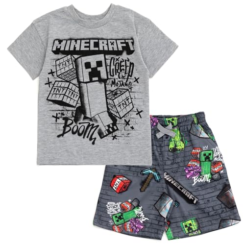 Minecraft Creeper Little Boys Drop Shoulder T-Shirt and Shorts Outfit Set Graffiti Grey 5
