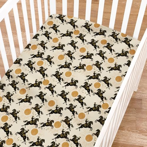 Image of Western Cowboys Sun Fitted Baby Crib Sheets for Girl Boy 52 inchx28 inch Vintage Cowboy Horses Sunshine Soft Crib Mattress Covers Southwest Country Breathable Baby Sheet for Standard Crib and Toddler Mattress