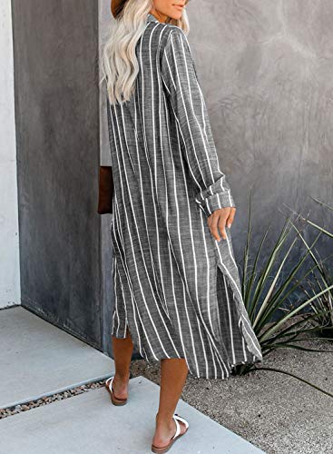 Dokotoo Womens Casual 2019 Stripes Autumn Stand Collar Button Down Open Front Long Sleeve Side Slit Cardigans Fashion Kimono Long Cardigans Dresses Outerwear Grey Small