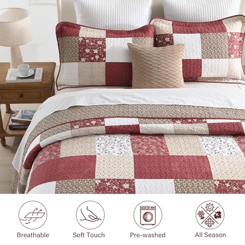 Image of 100% Cotton Oversized King Bedspread 128 inchx120 inch - Lightweight French Vintage Country Quilt - 3 Piece Super King Bedspreads Coverlet Set - Reversible Plaid Floral Bedding in Burgundy /Beige /Taupe /White