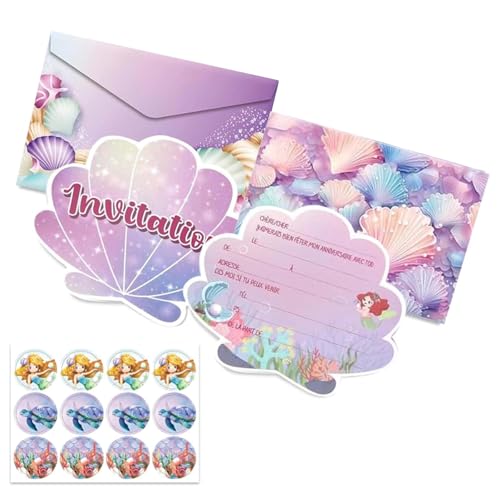 Xiciki 12 Cartes d'Invitation Sirène Coquillage en Français avec Enveloppes et Autocollants, Invitation Theme de Sirène avec Enveloppes, Autocollants,...