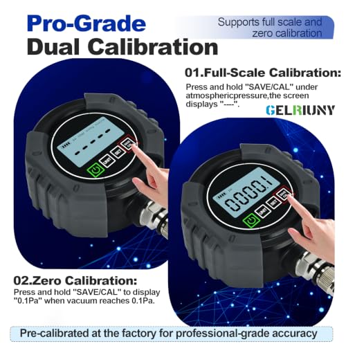 Image of Upgrade Digital Vacuum Gauge, HVAC Micron Gauge Tester, 0-75000 Microns | HVAC Vacuum Pressure Gauge, 7 /16-20 UNF, User-Set Audible Alarm Value, 1 /4 inch SAE Extension Connector and T-Type Connector
