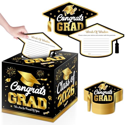 Image of M AMFEOV Graduation Card Box with Cards, 51Pcs Grad Party Decorations with 50Pcs Graduation Cap Advice Cards and 1Pc Black Congrats Grad Card Box for Class of 2026 Graduation Party Supplies