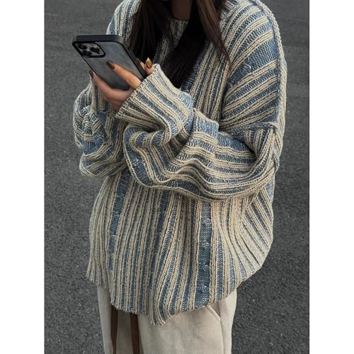Women's Y2K Vintage Oversized Pullover Harajuku Striped Long Sleeve Sweater Fairy Grunge Crew Neck Contrast Knitwear2
