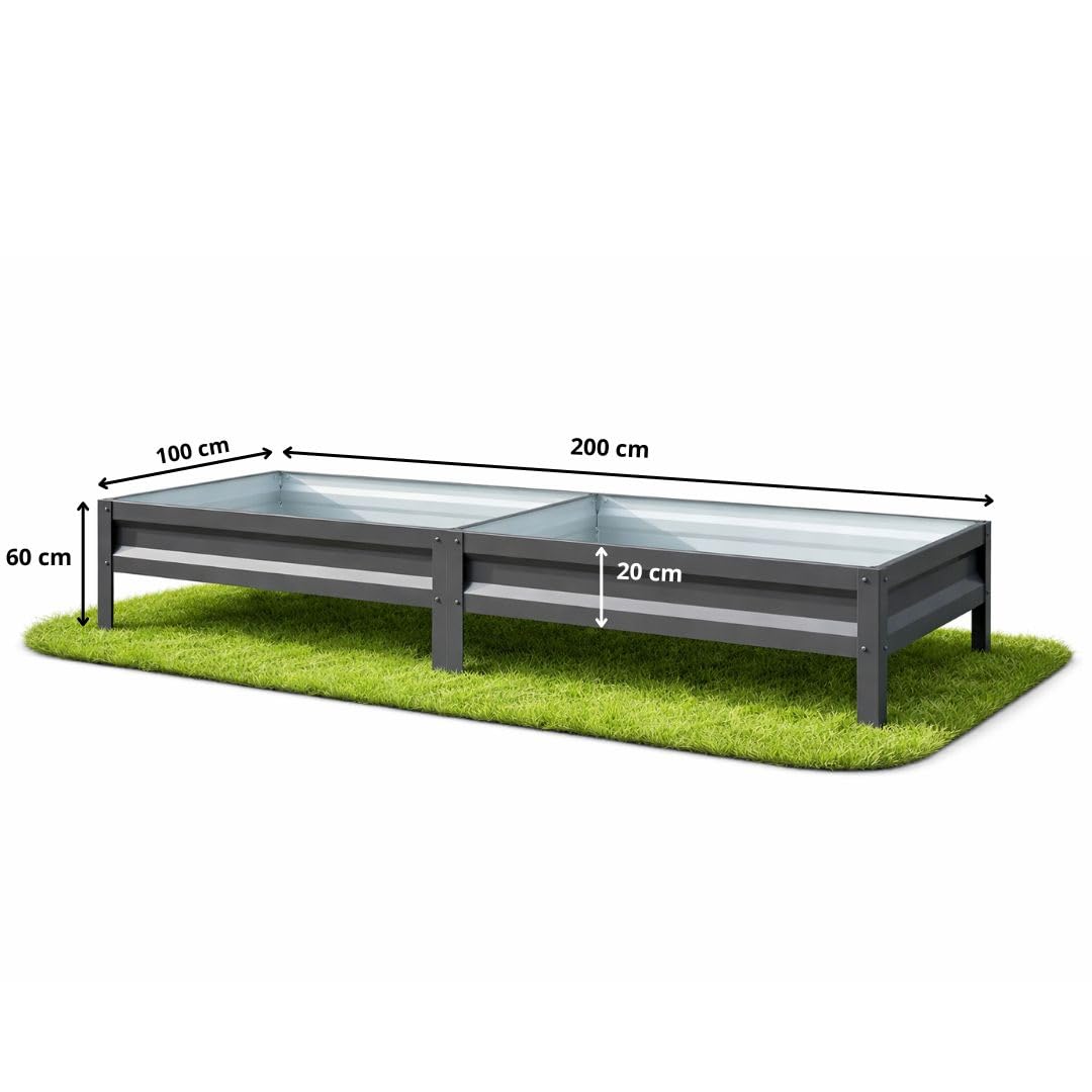 Botanic Hochbeet Metall 200x100x20 cm, verzinkter Stahl, wetterfest & rostfrei, Metallhochbeet Anthrazit mit Bodenankern, stabiles Gartenbeet für Gemüse, Kräuter und Blumen
