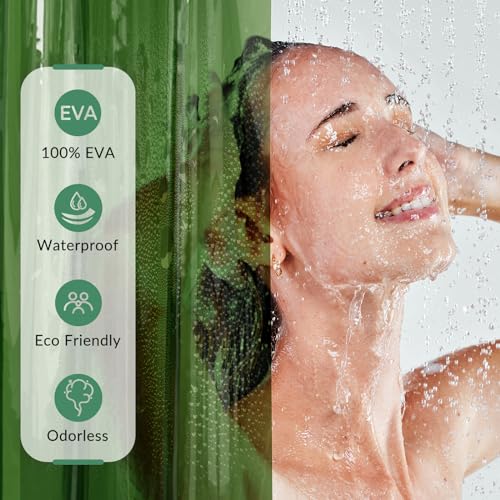 Image of AmazerBath Premium EVA Shower Curtain Clear Pine Green, Luxury Shower Curtain Dark Green Ultra Soft, Waterproof Bathroom Curtain with 3 Weighted Stones and 12 Grommets, Recyclable Packaging