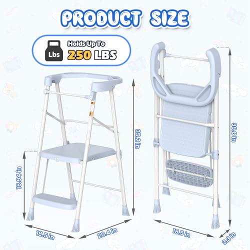 Image of HBTower Kids 2 Steps Step Stool,Toddler Tower for Kitchen Counter Learning,Toddler Kitchen Stool Helper with Anti-Drop Safty Railing Kids Standing Folding Stepper(Blue)