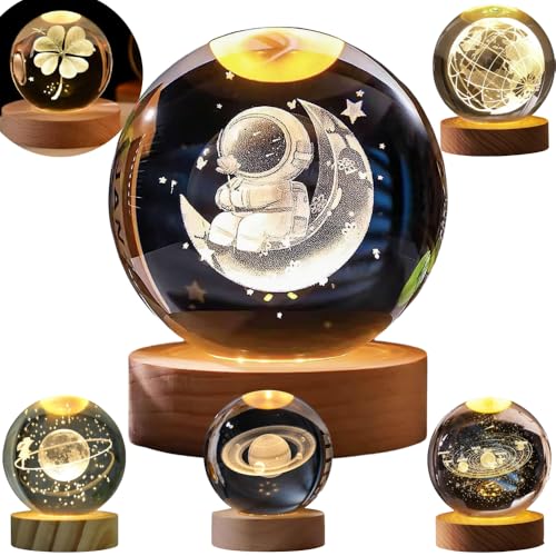 Lumin&aacute;ria de Mesa LED Bola de Cristal 3D com Base de Madeira Design Astron&ocirc;mico Grava&ccedil;&atilde;o a Laser...