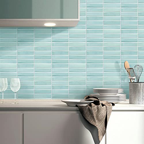 Commomy 10 Sheets 3D Retro Mosaic Peel And Stick Wall Tiles, 11.8"X11.8" Uneven Light Blue, Matte Straight Linear Faux Wall Tiles Stick On Backsplash For Kitchen, Bathroom, Accent Wall #TOP4