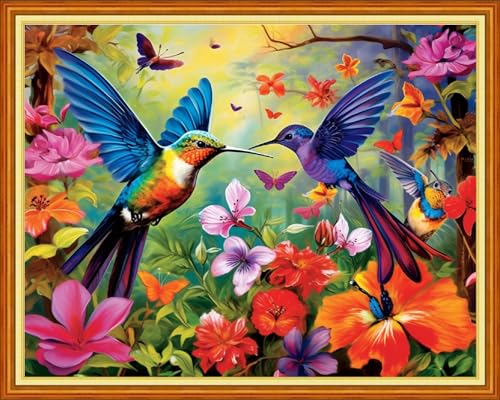 Image of Dimensean Stamped Cross Stitch Kits Full Range of Embroidery Patterns Starter Kits for Beginners Adult DIY Cross Stitches Needlepoint Kits 11CT-Hummingbird Flowers 16x20 inch