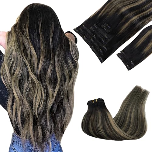 Image of GOO GOO Clip in Hair Extensions Real Human Hair, Remy Human Hair Extensions Clip ins for Women, Natural Human Hair, 22inch 150g 9Pcs, 1B /16 /1B Balayage Natural Black to Light Blonde
