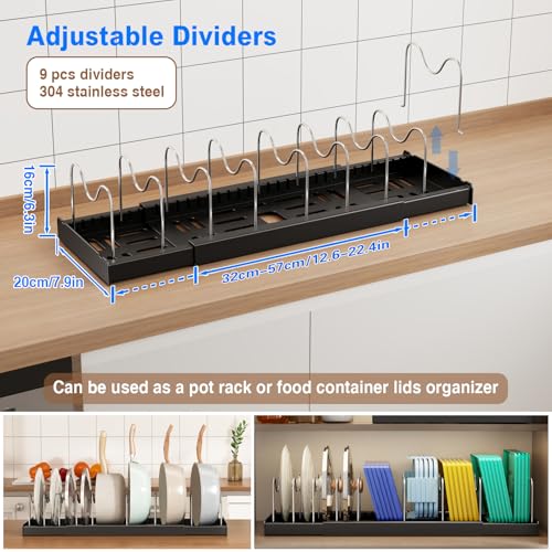 Image of Mustorn Pots and Pans Organizer Under Cabinet, 22 inch Expandable Food Storage Container Lid Organizers with 9 Adjustable Dividers Pot and Pan Lid Holders Rack Inside Cabinet /Countertop(1 Pack, Black)