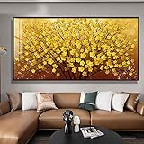  Toile murale encadrée pour salon, jaune doré, arbre riche, fleur, plante, peinture à l\'huile moderne, affiches et impressions, tableau mural 100 x 200 cm avec cadre noir