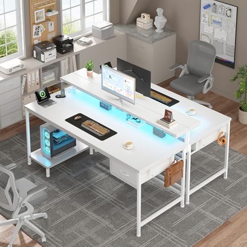 Image of DurayLoly Computer Desk with Ergonomic Monitor Stand & CPU Stand,47.2 inch Gaming Desk with 1 Drawer & Power Outlet & LED Lights for Home Work, Bedroom Study and Gaming, Small Spaces,White