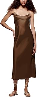 NUFIWI Women Satin Spaghetti Strap Maxi Dress Bodycon Open Back Long Slip Dress Party Club Evening Formal Dress