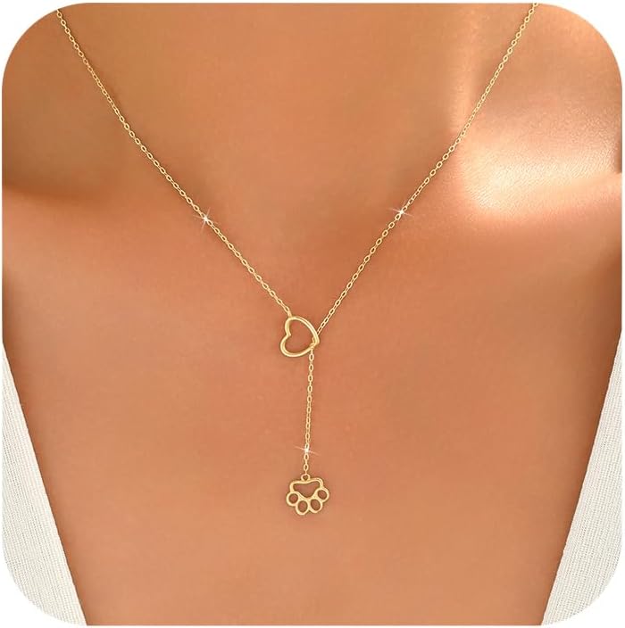 LOVECOM 925 Sterling Silver Lariat Big Cat Dog Puppy Pet Paw Print Necklaces for Women 14k Gold Plated Heart Y Choker Necklace Cute Animal Paw Adjustable Drop Long Chain Necklace Jewelry Gifts