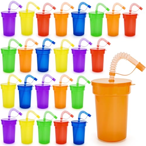 WRINGKIT 24 Pcs Plastic Party Cups with Lids and Straws 12 Oz Colorful Neon Sipper Cup Leak Proof Tumbler Cups Bulk Reusable Party Favor Cups for Christmas Events Celebrations Supplies 6 Colors